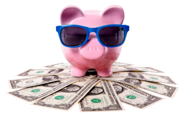 Piggy bank with dollar holiday savings isolated transparent background photo PNG file