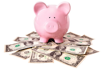 Piggy bank with US dollars saving concept isolated transparent background photo PNG file