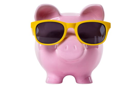 Piggy bank wearing sunglasses holiday vacation saving concept isolated transparent background photo PNG file