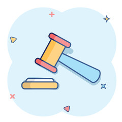 Vector cartoon auction hammer icon in comic style. Court tribunal sign illustration pictogram. Hammer business splash effect concept.