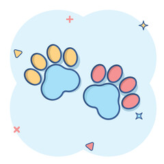 Vector cartoon paw print icon in comic style. Dog or cat pawprint sign illustration pictogram. Animal business splash effect concept.