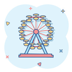 Naklejka premium Vector cartoon ferris wheel icon in comic style. Carousel in park sign illustration pictogram. Amusement ride business splash effect concept.