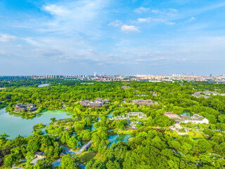 Fototapeta na wymiar Aerial view Yangzhou Slender West Lake Yangzhou Slender West Lake scenic spot and Daming Temple, Jiangsu province, China