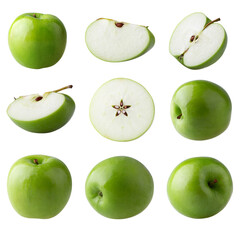 Green apple and cut slice with seed isolated on alpha background.