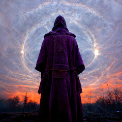 Magician in purple cloak opening portal in the sky