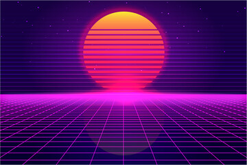 Retro Sci-Fi futuristic vector, background 1980s and 1990s style 3d illustration. Digital landscape in a cyber world. For use as design cover.