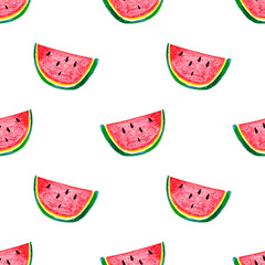 A pattern of slices of juicy watermelon. Color illustrations of summer ripe fruits, hand-drawn with colored pencils in the doodle style. Insulated seamless pattern. For cards, watermelon party.