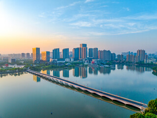 Fototapeta premium Aerial view of Baijiahu Park and business district in Nanjing, Jiangsu Province, China