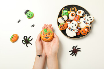 Concept of Halloween sweets, funny sweets, top view