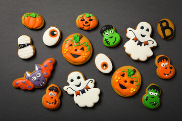 Concept of Halloween sweets, funny sweets, top view