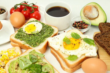 Concept of tasty breakfast with delicious food, close up