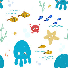 cute childish illustration with blue jellyfish, fishes, bubbles, star. Underwater endless pattern, childish art