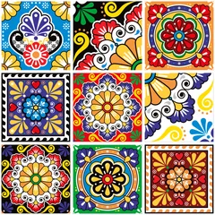 Tapeten Mexican talavera style tile vector seamless pattern collection, decorative tiles with flowers, swirls in vibrant colors inspired by folk art from Mexico  © redkoala