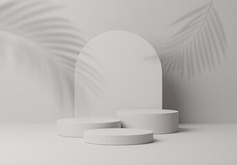 Cosmetic round podium or pedestal with leaves shadow on white background, Abstract product display podium, 3d rendering studio with geometric shapes, Stand to show products background