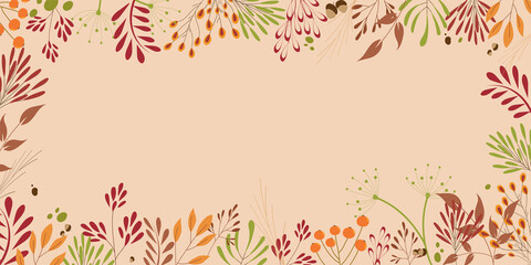 Horizontal Autumn background with different flower and botanical leaves. copy space. - obrazy, fototapety, plakaty