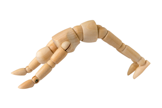 Wooden man doing gymnastic exercises