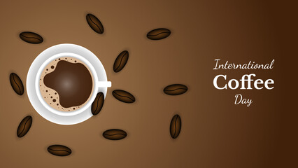 international coffee day banner design with wooden background. vector illustration