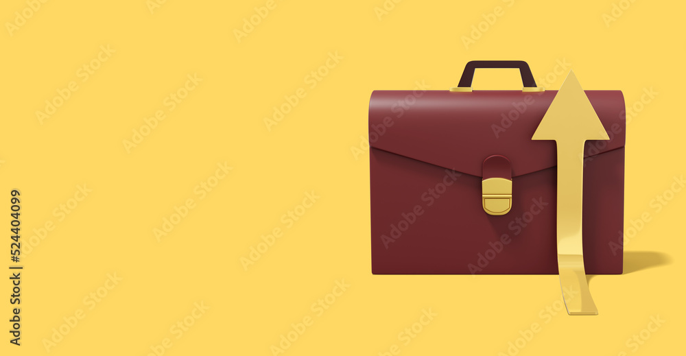 Poster brown briefcase with rising golden arrow on yellow background. front view. portfolio icon banner wit