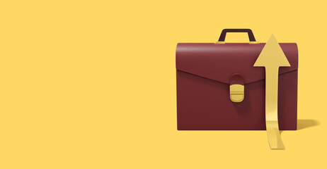 Brown briefcase with rising golden arrow on yellow background. Front view. Portfolio icon banner with space for text. 3D rendering.