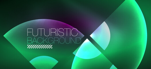 Abstract background with neon glowing light effects. Round shapes, triangles and circles. Wallpaper for concept of AI technology, blockchain, communication, 5G, science, business and technology