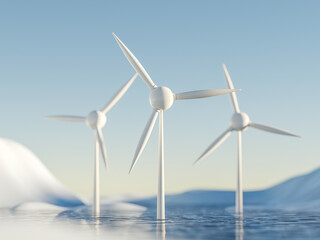 three wind turbines in water arctic landscape . 3d render of sustainable energy 