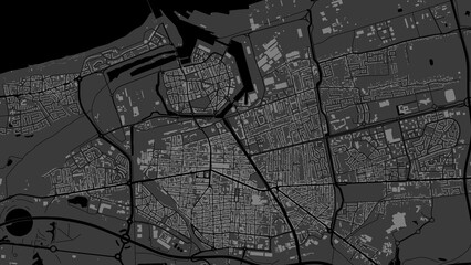 Dark black Calais city area vector background map, roads and water illustration. Widescreen proportion, digital flat design.