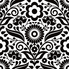 Mexican folk art seamless vector pattern with flowers and leaves, textile or fabric print design inspired by traditional embroidery crafts from Mexico
