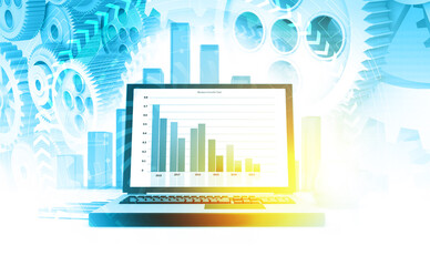 Fototapeta premium Global industrial growth graph chart, laptop, gear, with business chart. 3d illustration.