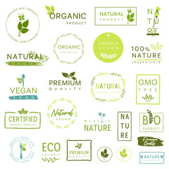 Organic food, natural product sign and stickers for food market. 