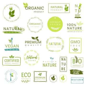 Organic food, natural product sign and stickers for food market. 