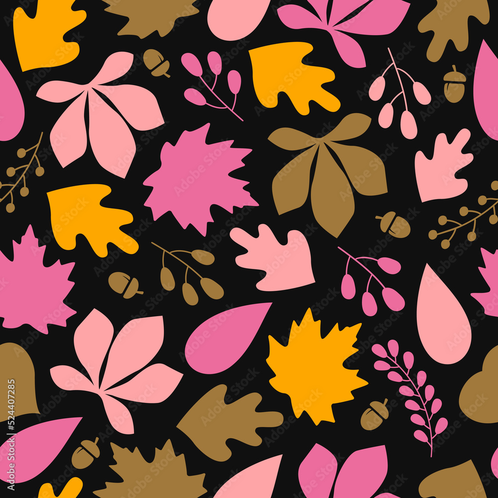 Poster autumn seamless pattern with different colorful leaves and plants on a black background. flat design
