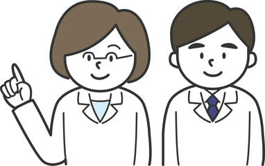 Set of female doctor/pharmacist in glasses pointing and smiling man