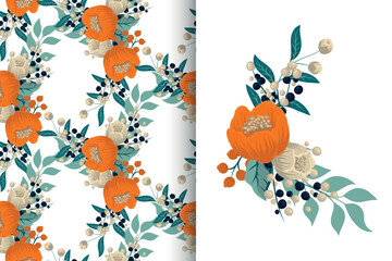 Flower bouquet with seamless pattern. Floral background set
