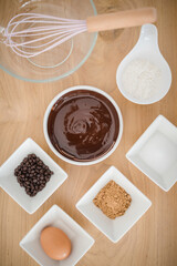 Top view of ingredients for a baking chocolate brownie or cake.