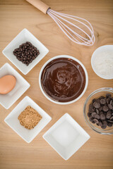 Top view of ingredients for a baking chocolate brownie or cake.