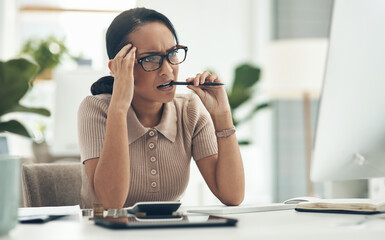 Confused, stress and frustrated worried financial planner, accountant upset and worried budget at work with a computer, notebook and plan form. Anxious female with finance, money problems and issue