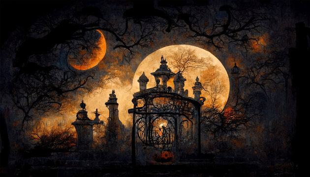 cemetery with pumpkins watercolor illustration for halloween. Illustrations for children's storybooks.Halloween night pictures for wall paper.