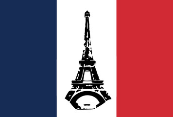 Eiffel tower on background of France flag. France flag with the Eiffel tower in the center of it. Vector illustration, Eiffel Tower drawn in a simple sketch style. Isolated contour on french national.
