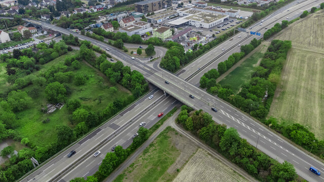 View of the highway, flyover bridge, and city - aerial photography 