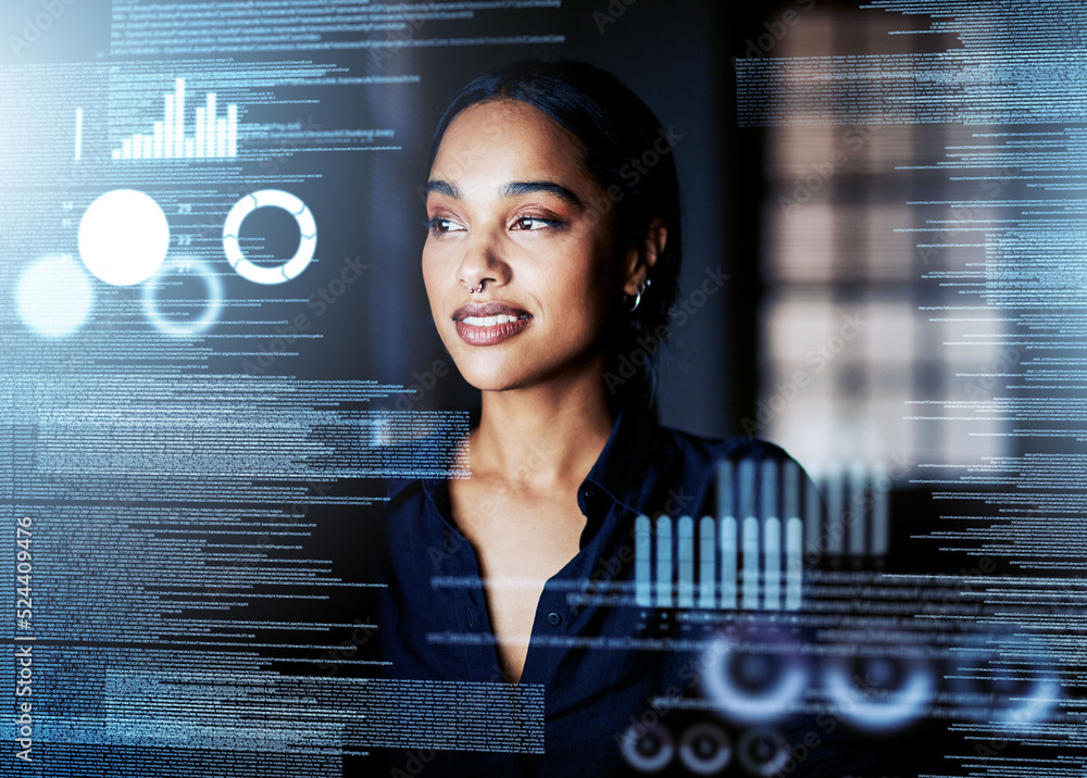 Poster digital, analytics and business of a woman working with big data, logistics and ux at the office at 