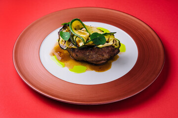 Barbecue dry aged wagyu fillet steak with grilled zucchini