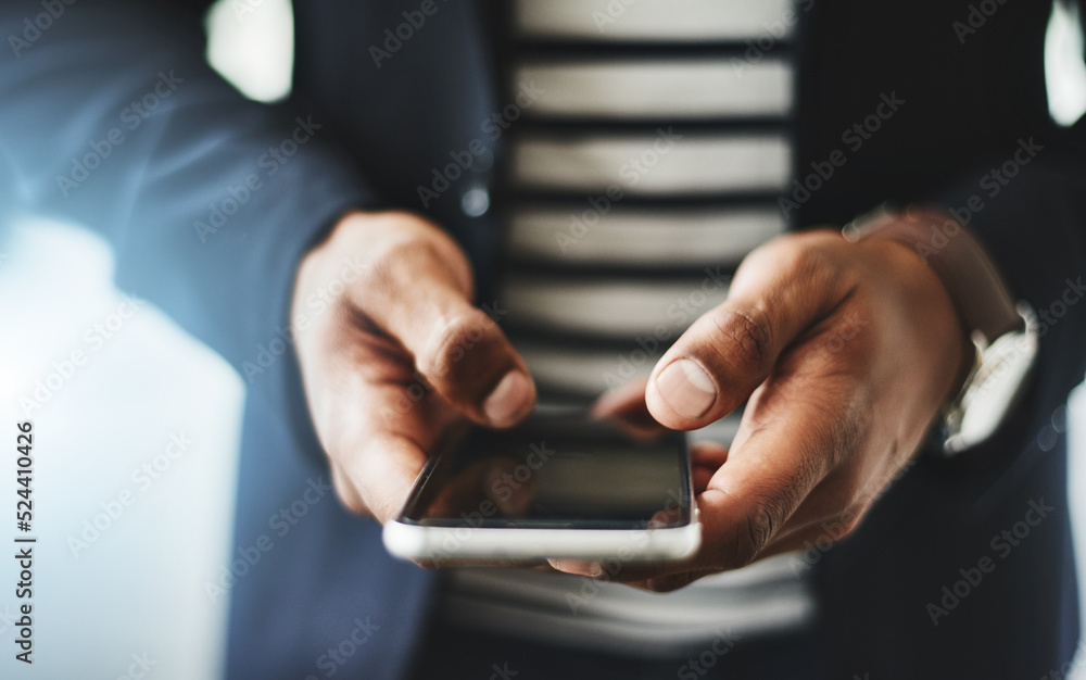 Aufkleber Hands of business man typing on phone, networking on social media and browsing internet at work. Closeup of a professional corporate employee checking a text, scrolling an app and reading message