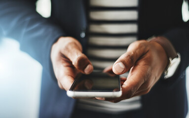 Hands of business man typing on phone, networking on social media and browsing internet at work. Closeup of a professional corporate employee checking a text, scrolling an app and reading message