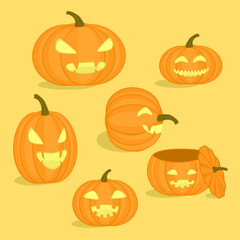 Six styles set of orange cute Halloween funny faces pumpkin lanterns, cheerful decoration for Autumn Halloween holiday celebration icon. Vector illustration graphics on yellow background