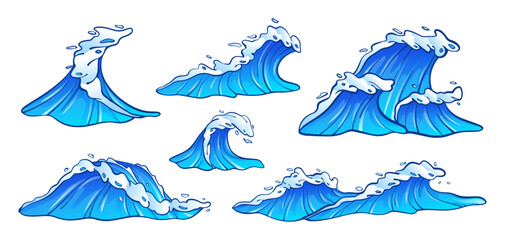 Sea waves vector illustration collection. Set of blue ocean waves with white foam in cartoon style - obrazy, fototapety, plakaty