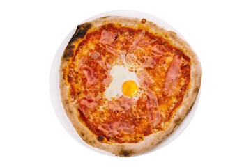 Carbonara pizza with bacon and egg on white background