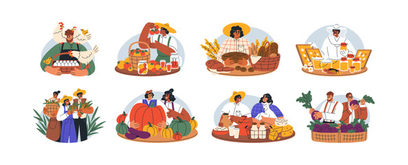Local farmers present agriculture products, natural farm food. Promoting, selling organic harvest, vegetables, honey, homemade bread. Flat graphic vector illustrations set isolated on white background © Good Studio