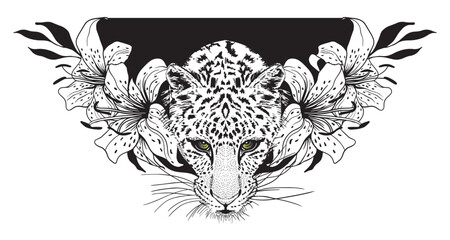 Panther heads in lily flowers. Pencil drawing in a minimalist style, suitable for tattoos, interior decoration, paintings, logo, printing on textiles and t-shirts. Predator.