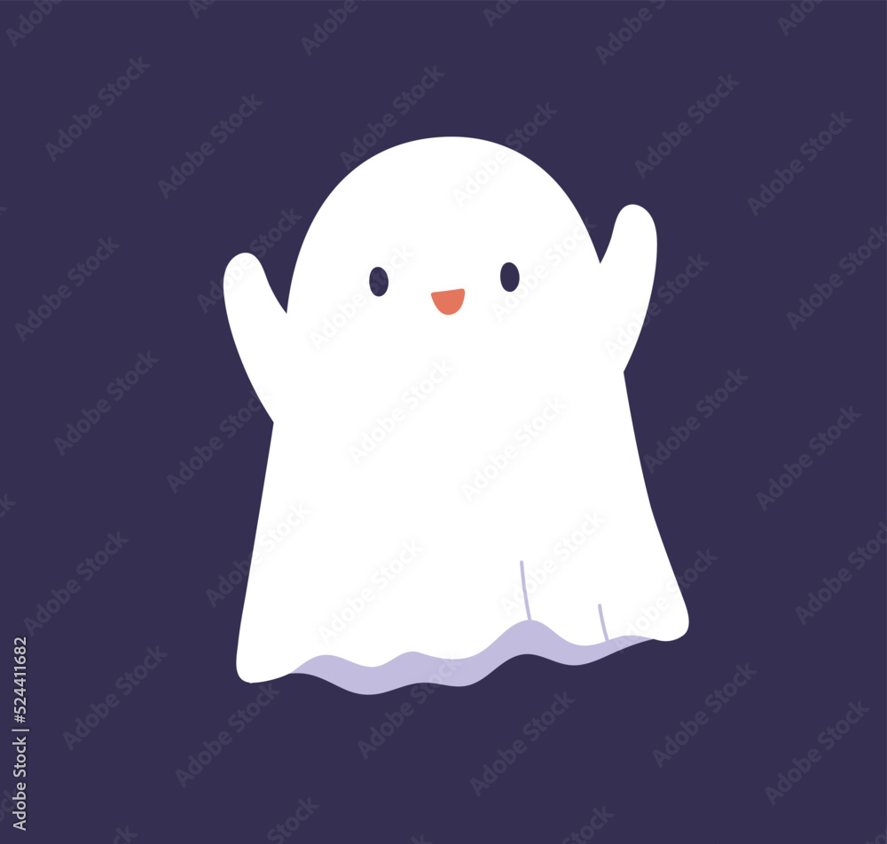 Poster cute happy halloween ghost. funny smiling boo character with cheerful joyful face expression, emotio