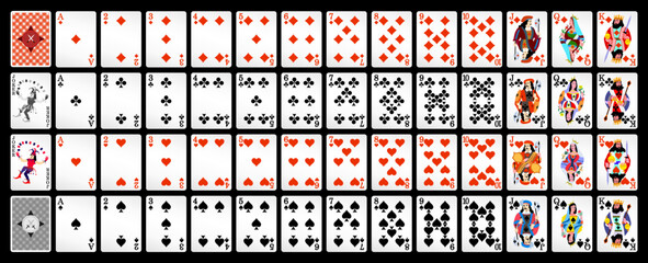 Poker with isolated cards on a black background. Playing cards for poker, full deck.
